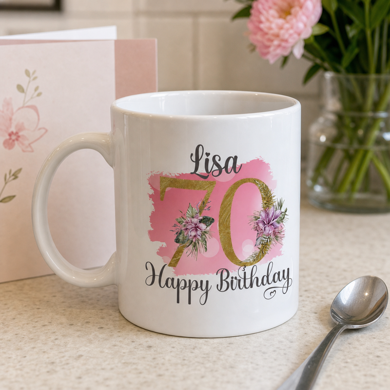 Personalised Pink Floral 70th Birthday Mug