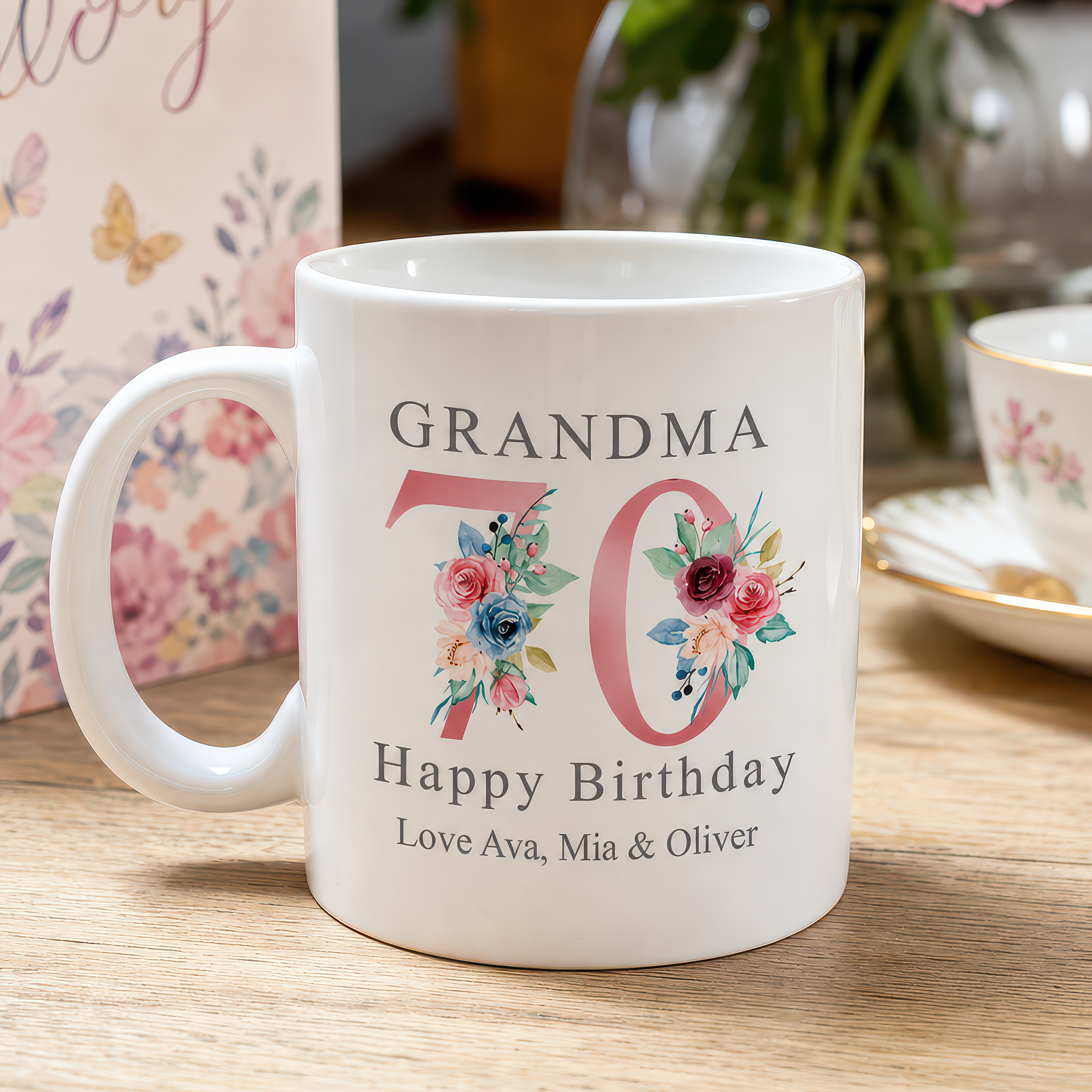 Personalised Rose Gold Floral 70th Birthday Mug - alternative view