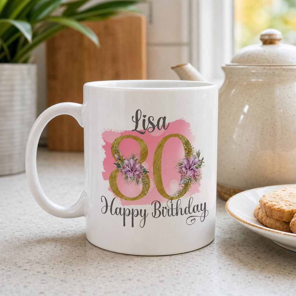 Personalised Pink Floral 80th Birthday Mug