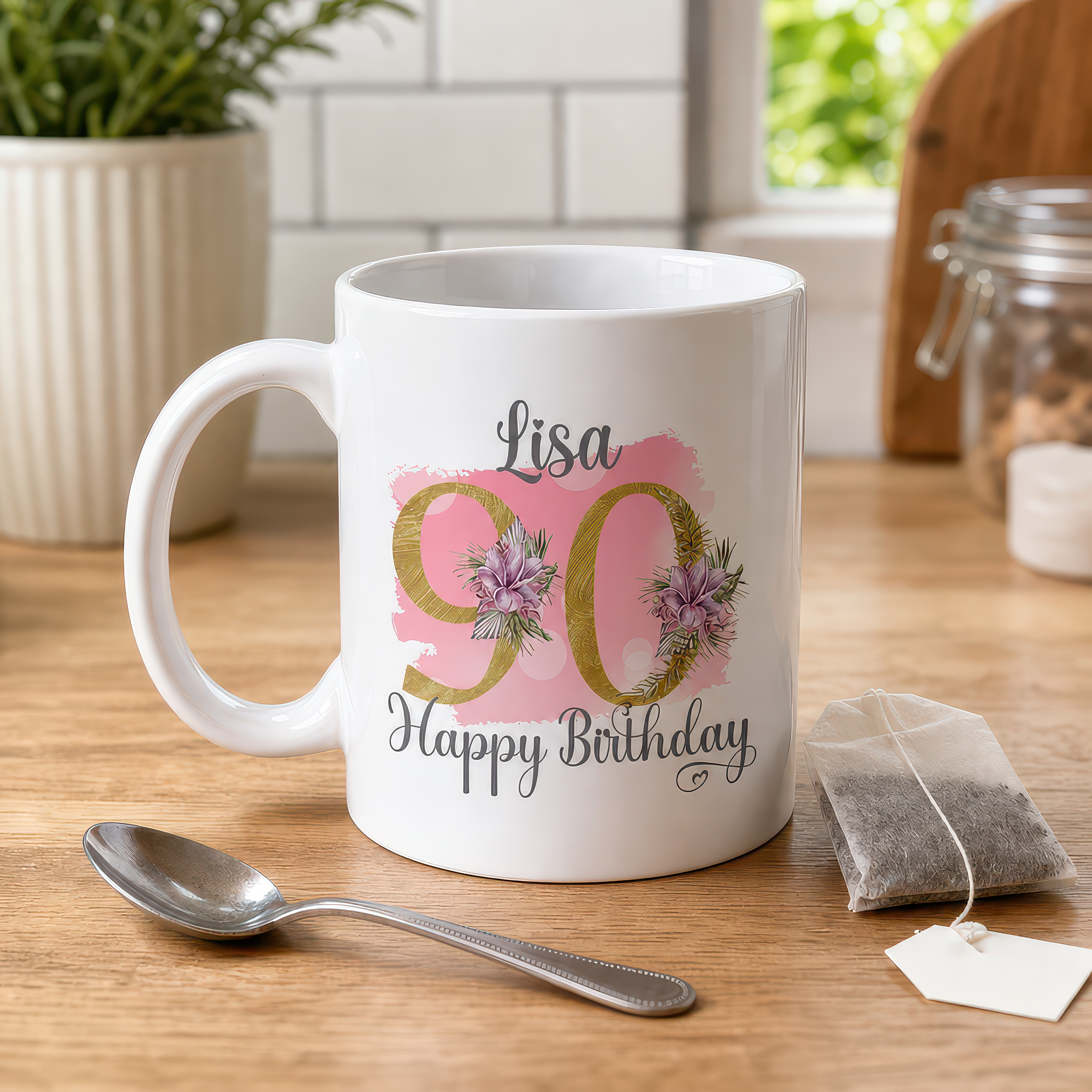 Personalised Pink Floral 90th Birthday Mug - alternative view