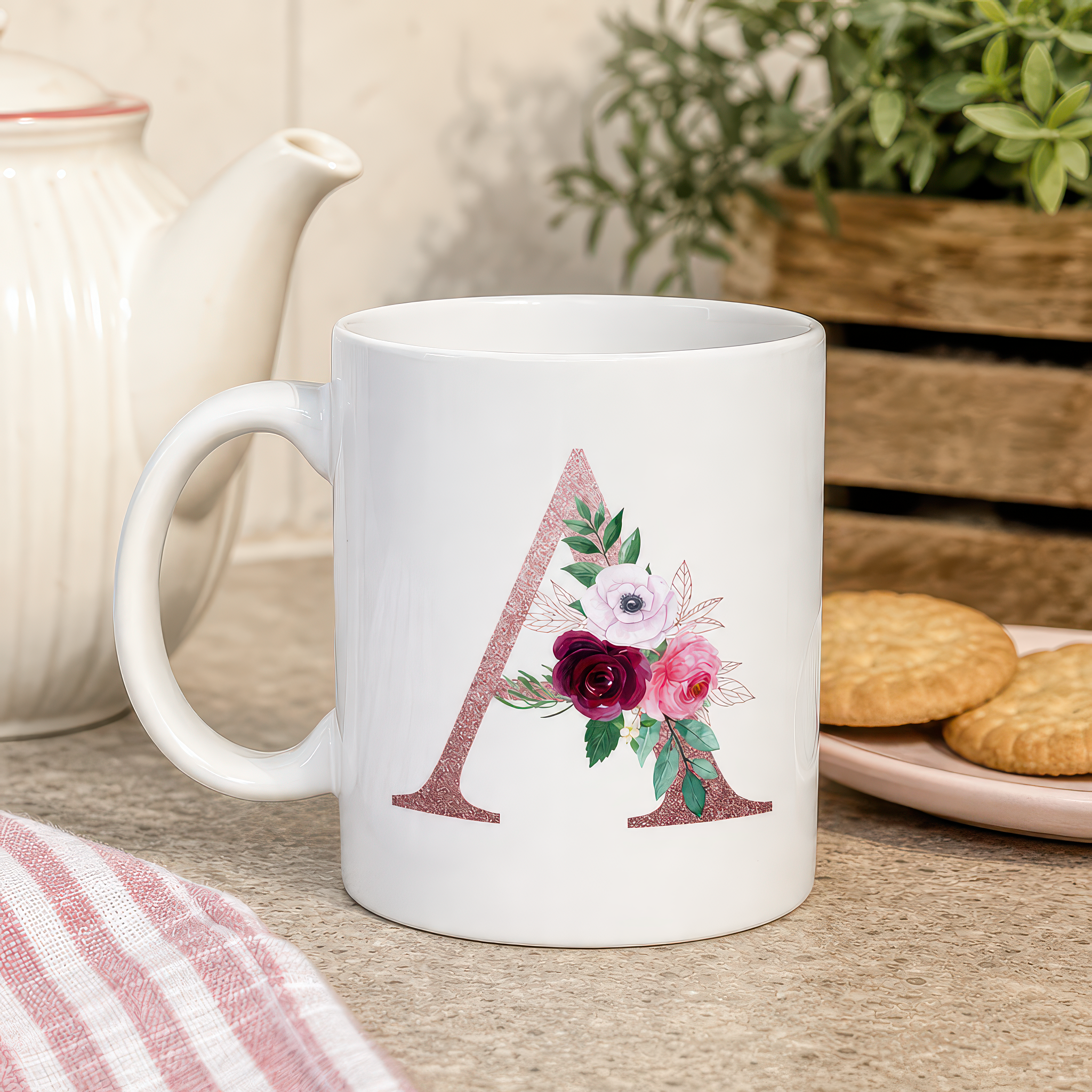 Personalised Rose Gold Floral Initial Ceramic Mug - alternative view