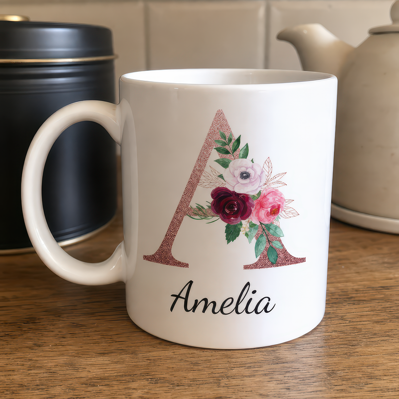 Personalised Rose Gold Floral Initial Mug with Optional Name - alternative view