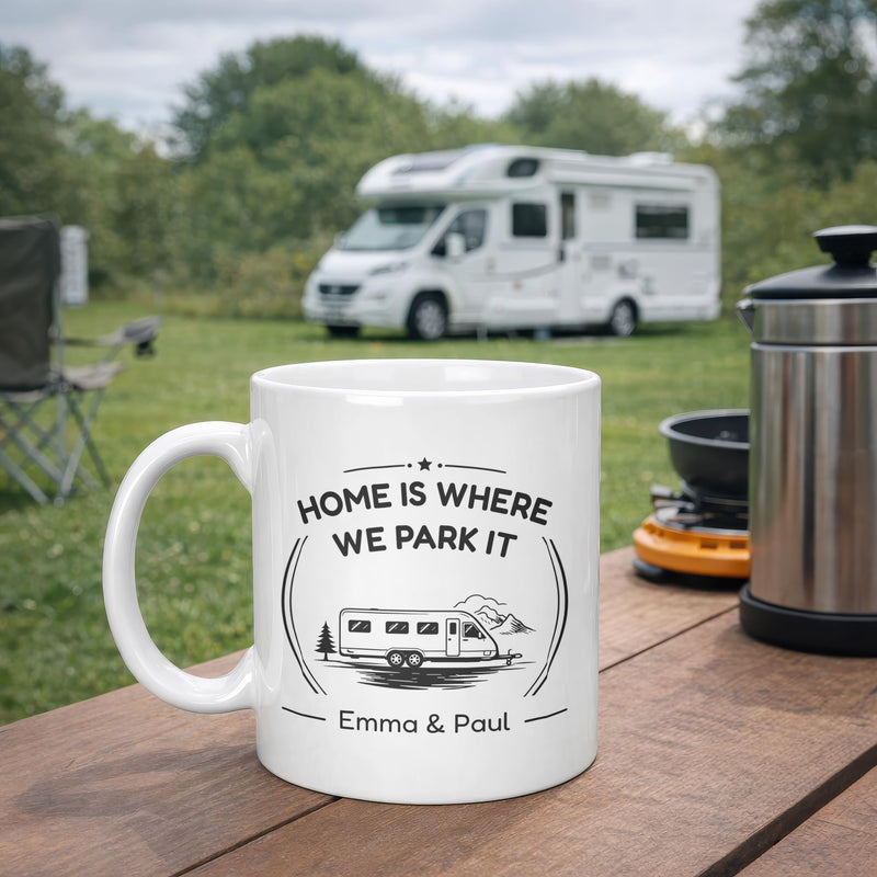 Personalised Twin Axle Grey Home Is Where We Park It Ceramic Mug with Name