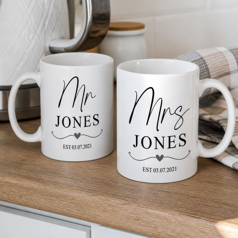 Personalised Mr and Mrs Heart Mugs
