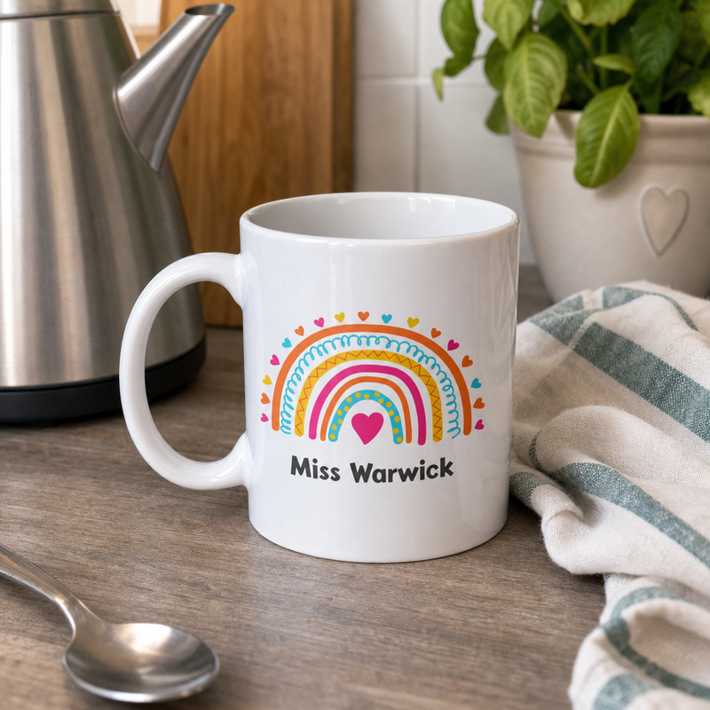 Personalised Pink Heart Rainbow Teacher Mug with Name