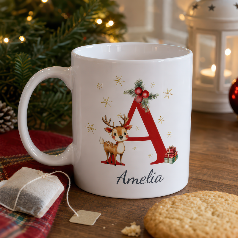 Personalised Red Deer Initial Christmas Mug with Name - alternative view