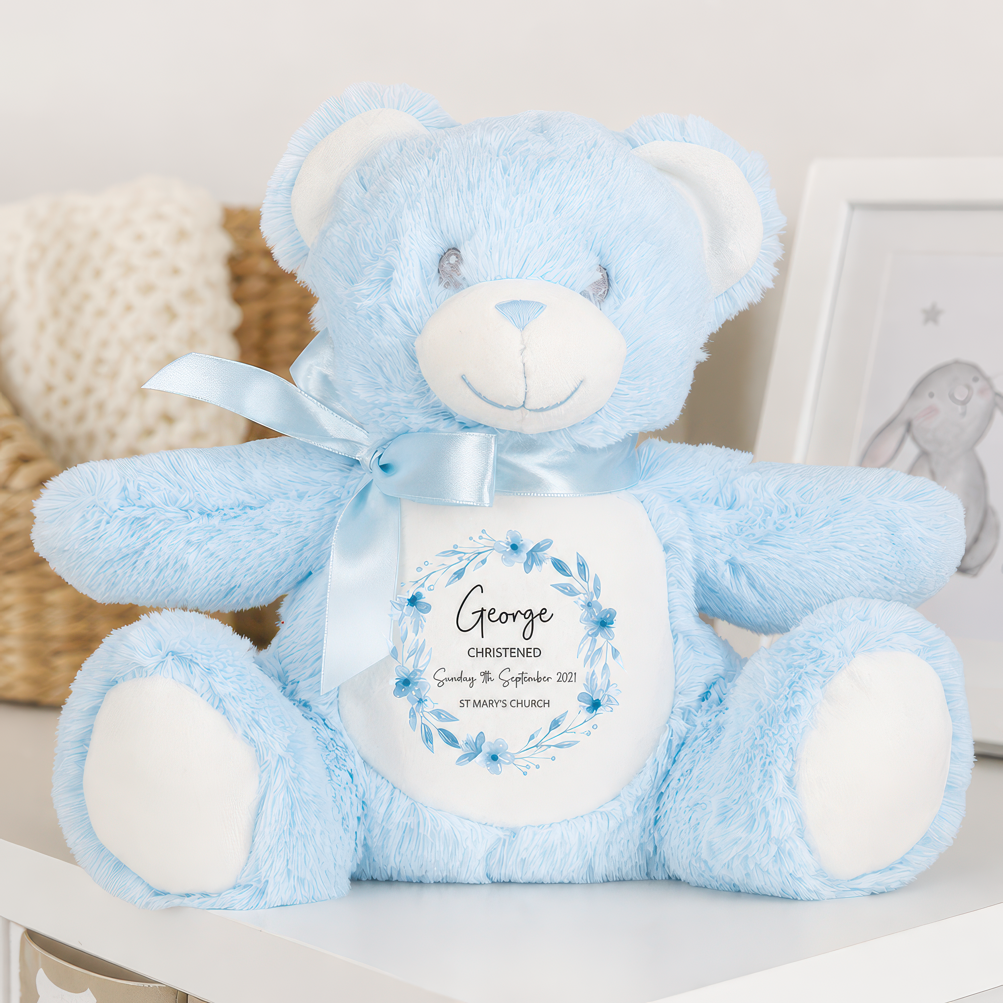 Personalised Blue Teddy Bear Floral Christening Soft Toy - alternative view