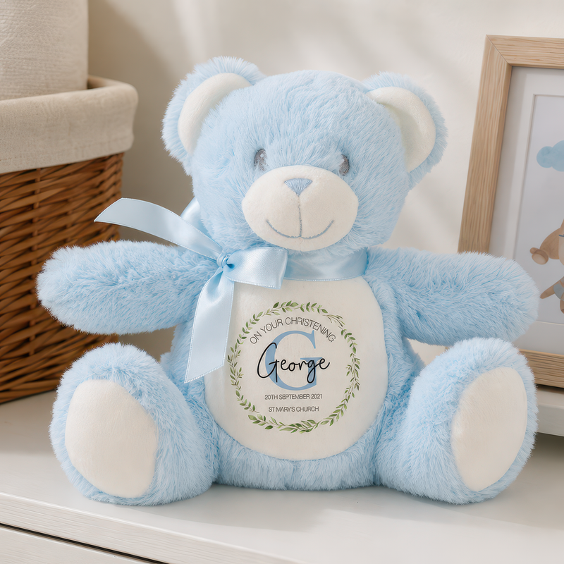 Personalised Blue Teddy Bear Christening Soft Toy with Initial Design - alternative view