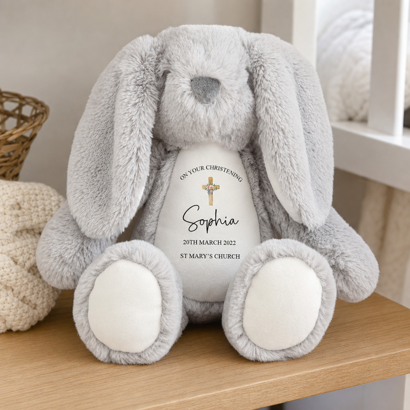 Personalised Grey Bunny Rabbit Cross Christening Soft Toy with Name and Date
