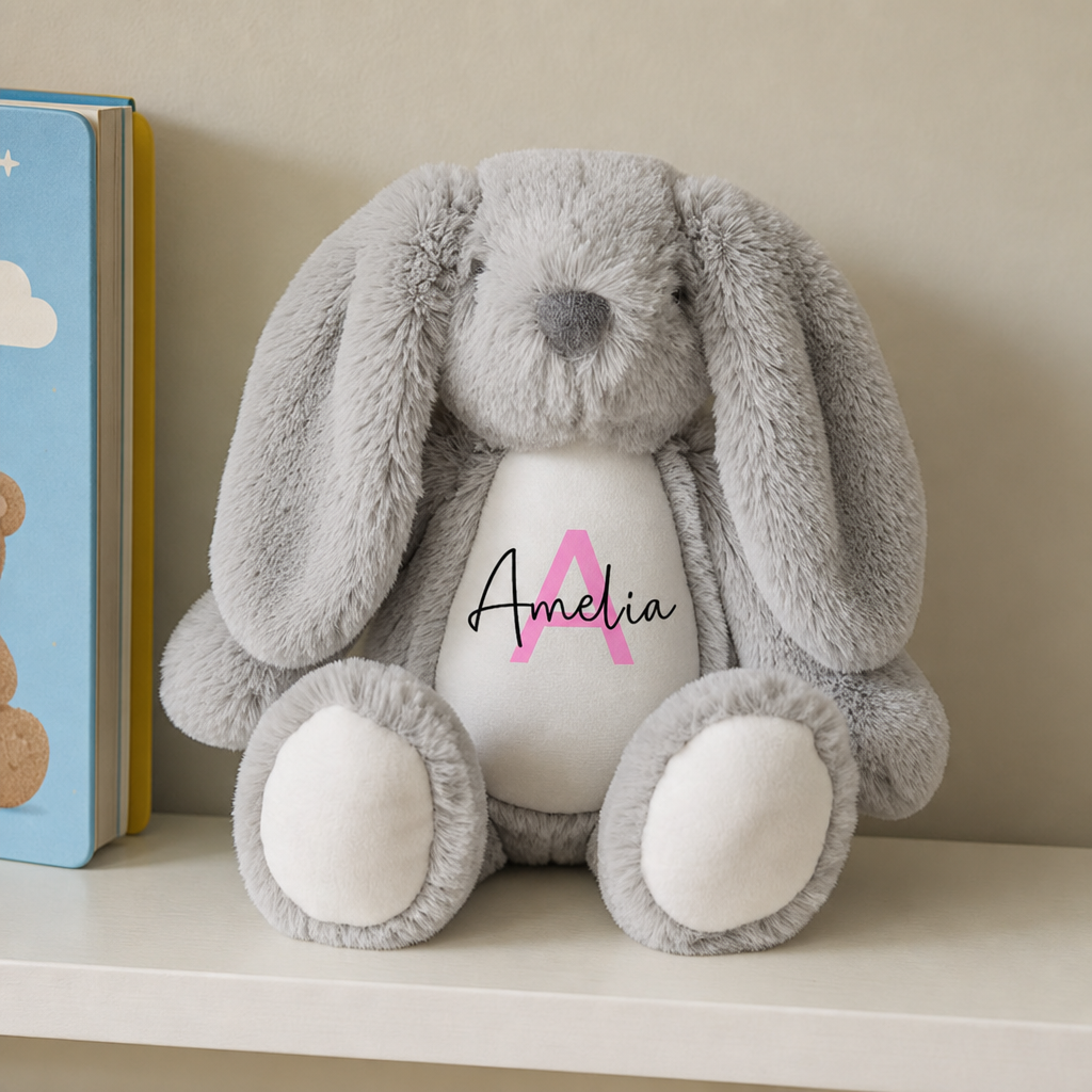 Personalised Bunny Rabbit Christening Soft Toy with Name and Initial