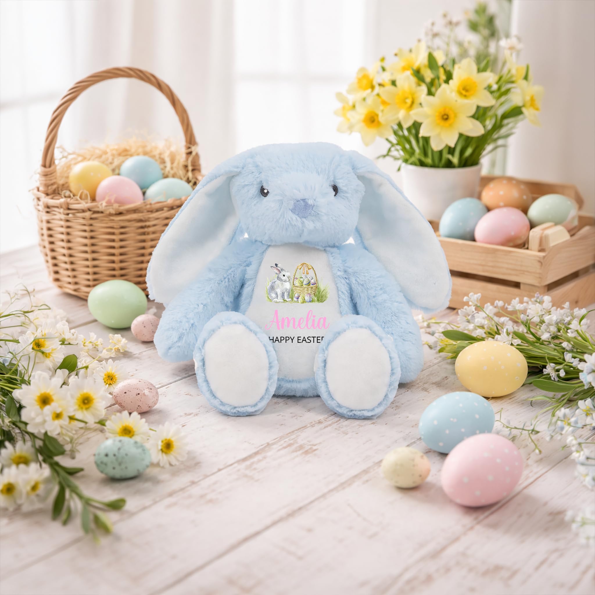 Personalised Happy Easter Blue Bunny Soft Toy with Name - Pink Script