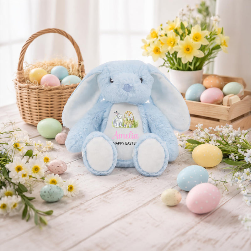 Personalised Happy Easter Blue Bunny Soft Toy with Name - Pink Script