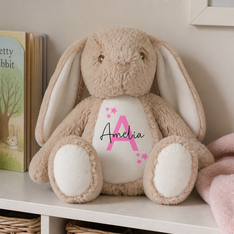 Personalised Brown Bunny Soft Toy with Name and Initial - Pink Stars