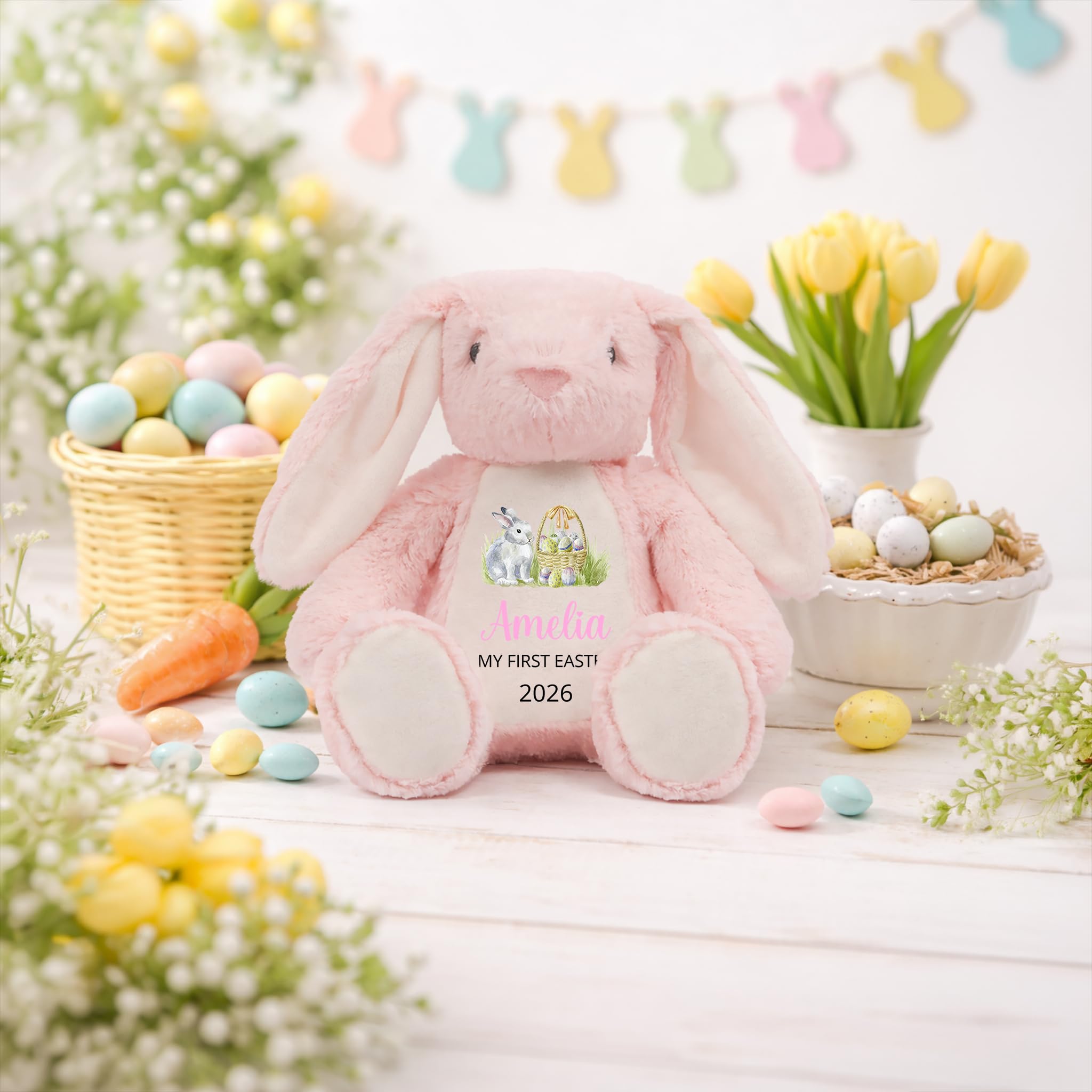 Personalised First Easter Pink Bunny Soft Toy with Name