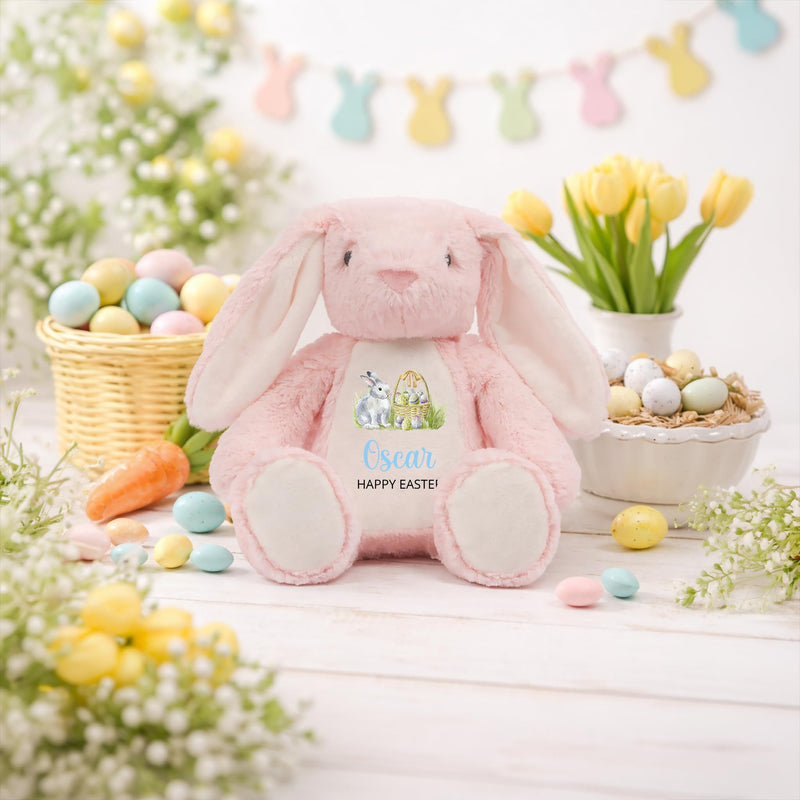 Personalised Happy Easter Pink Bunny Soft Toy with Name - Blue Script