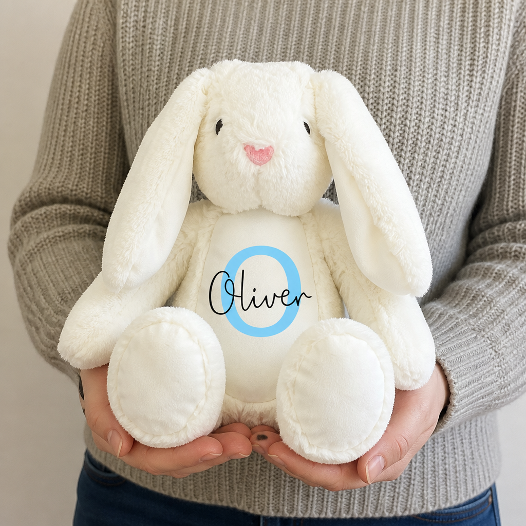 Personalised White Bunny Soft Toy with Name and Initial