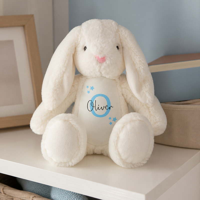 Personalised White Bunny Soft Toy with Name and Initial - Blue Stars