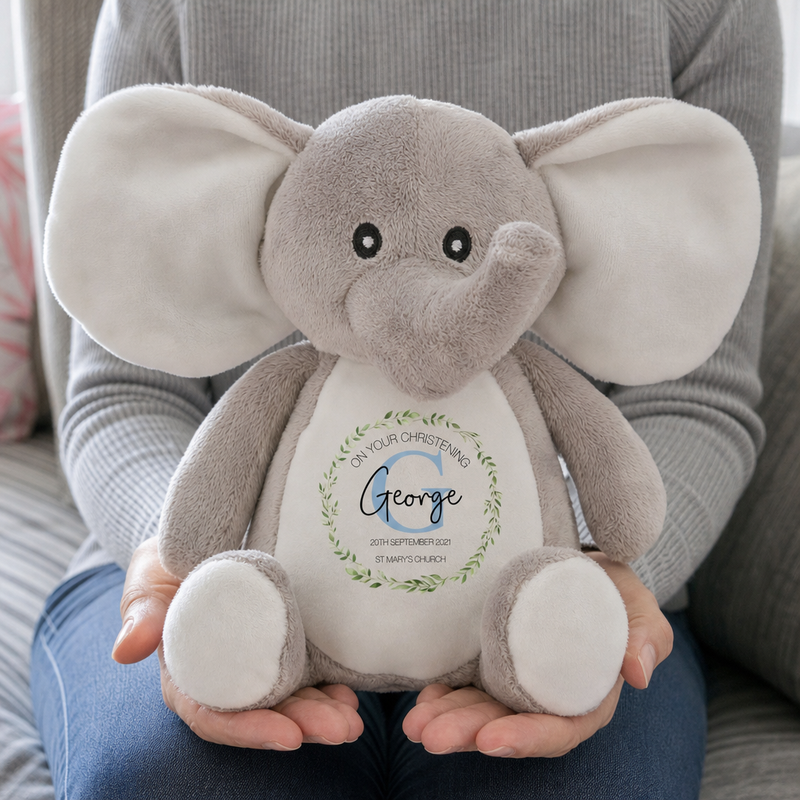 Personalised Blue Elephant Christening Soft Toy with Initial Design