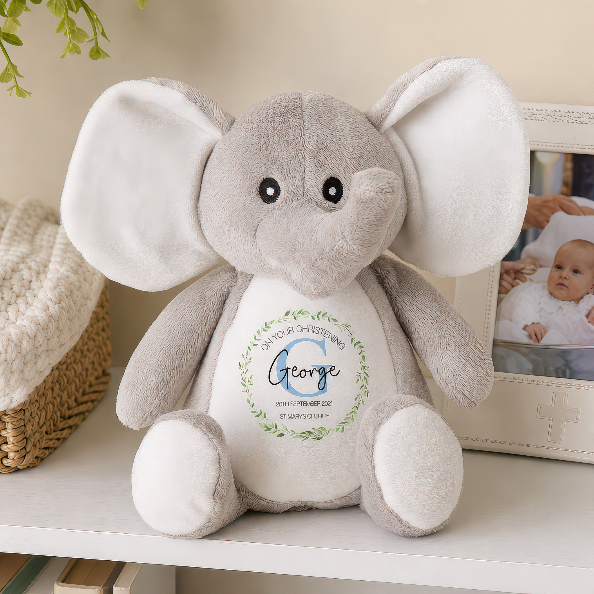 Personalised Elephant Christening Soft Toy with Name and Date - alternative view