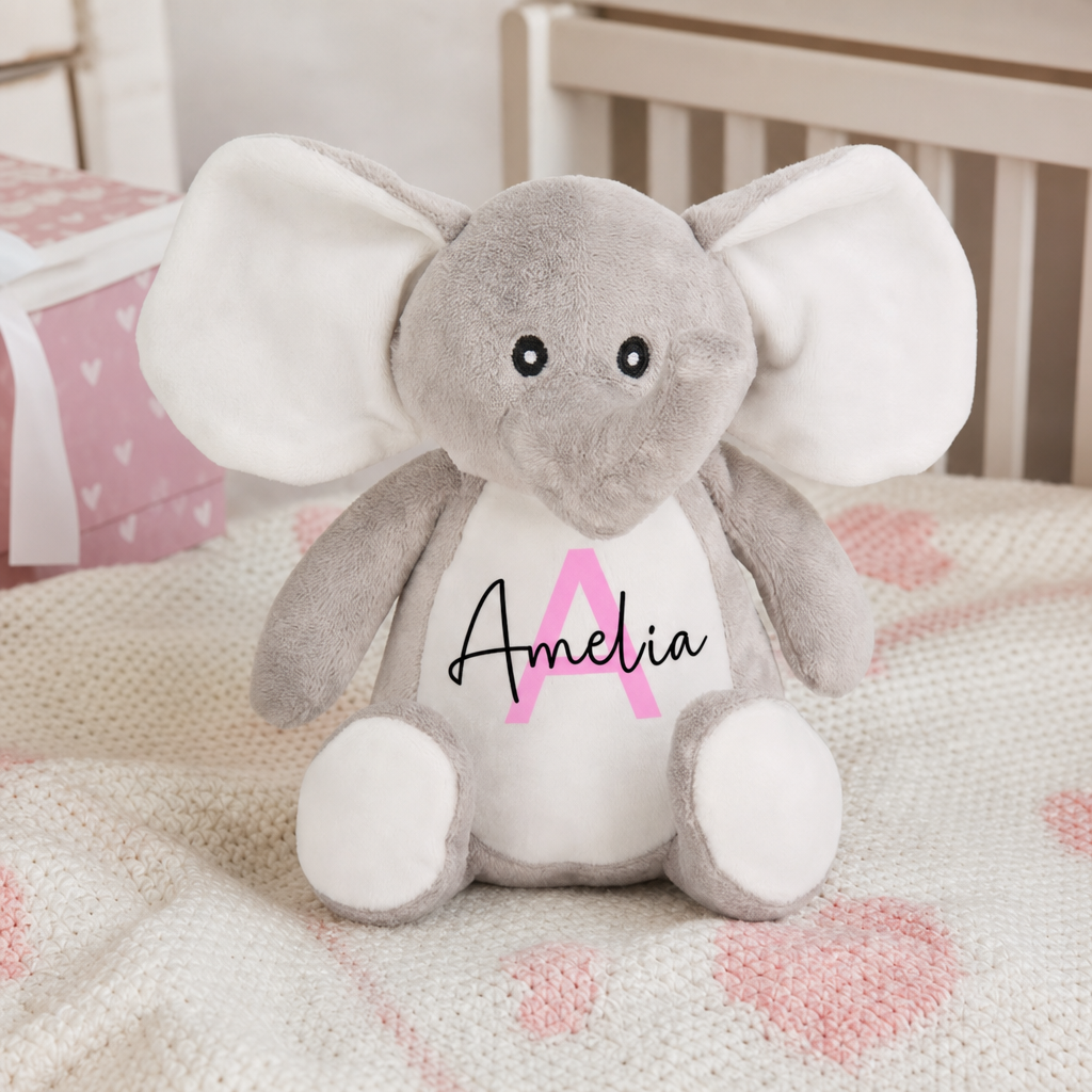 Personalised Elephant Christening Soft Toy with Name and Initial