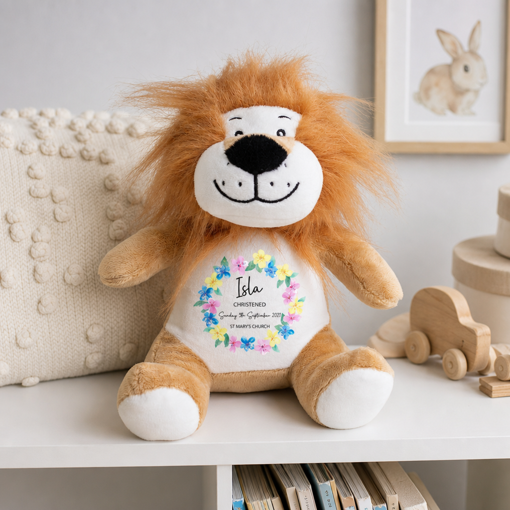Personalised Lion Floral Christening Soft Toy with Name