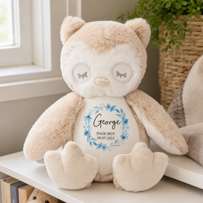 Personalised Owl Soft Toy for Page Boy with Name and Date - alternative view