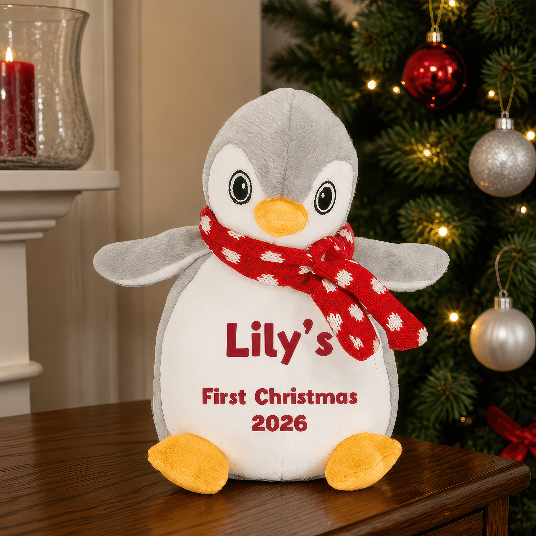 Personalised 1st Christmas Red Name Penguin Soft Toy