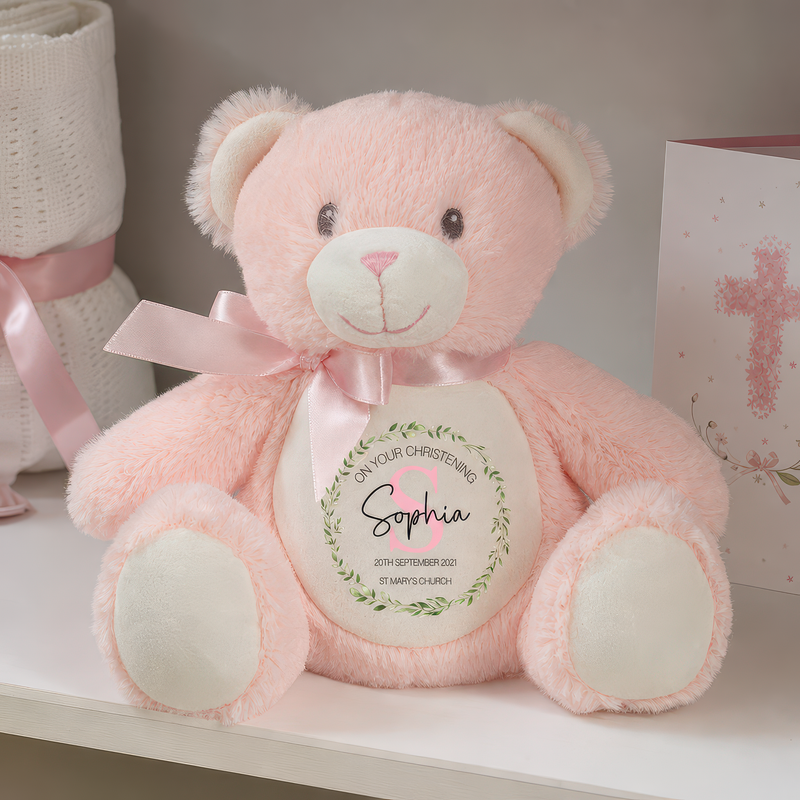 Personalised Pink Teddy Bear Christening Soft Toy with Initial Design - alternative view