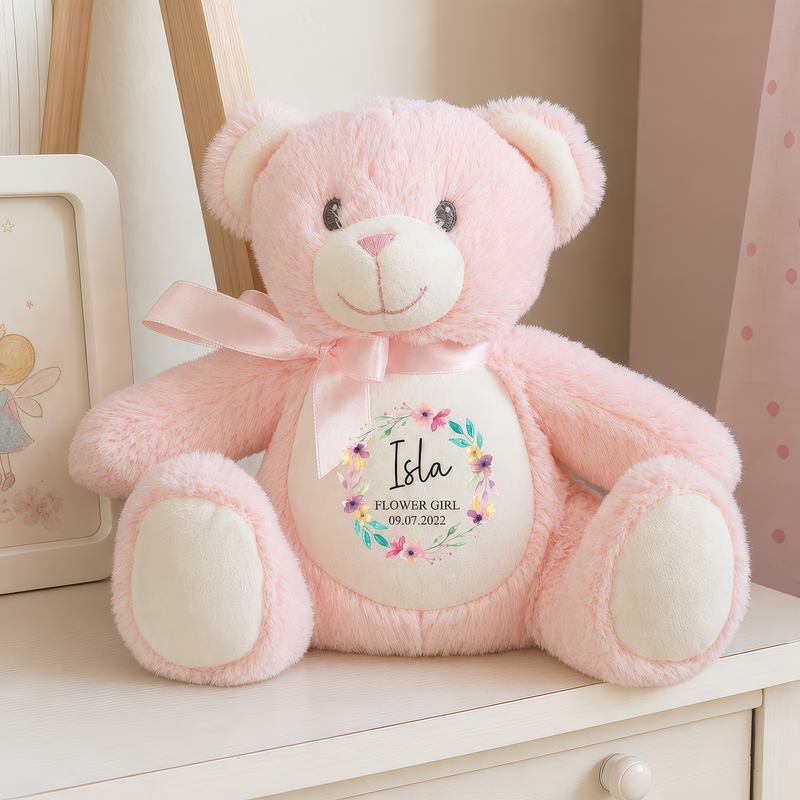 Personalised Pink Teddy Bear Soft Toy for Flower Girl with Name and Date - alternative view