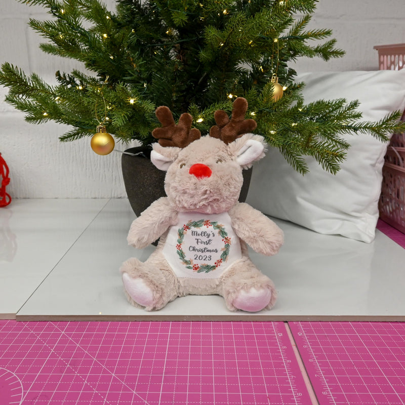 Personalised 1st Christmas Reindeer Soft Toy with Wreath