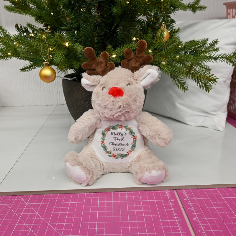 Personalised 1st Christmas Reindeer Soft Toy with Wreath