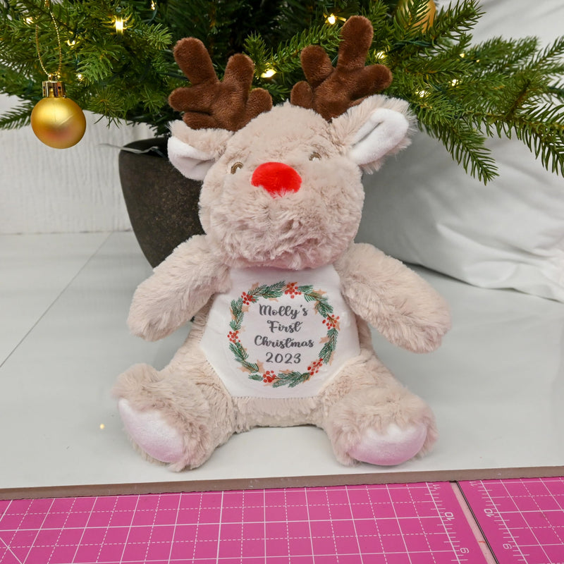 Personalised 1st Christmas Reindeer Soft Toy with Wreath
