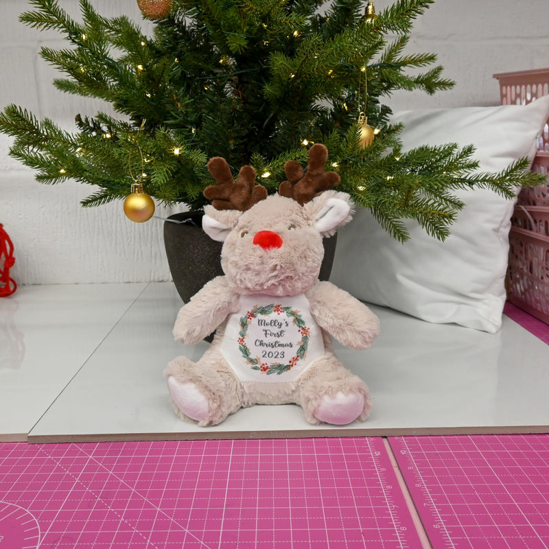 Personalised 1st Christmas Reindeer Soft Toy with Wreath