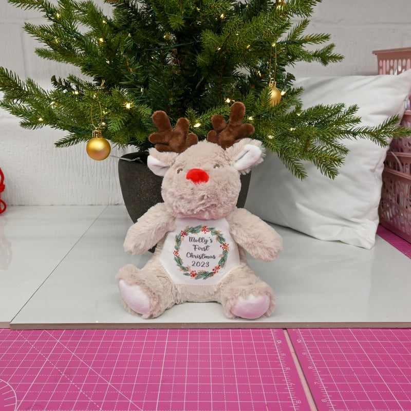 Personalised 1st Christmas Reindeer Soft Toy with Wreath