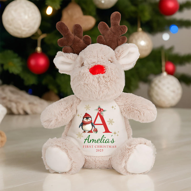 Personalised First Christmas Reindeer Penguin with Name and Initial