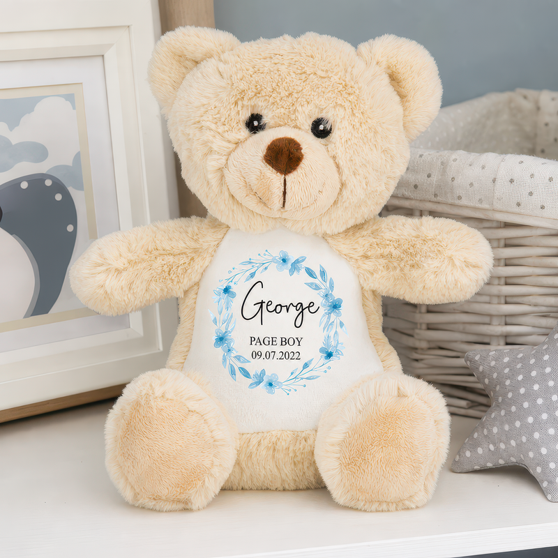 Personalised Brown Teddy Bear Soft Toy for Page Boy with Name and Date - alternative view
