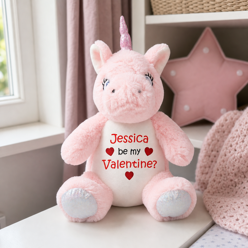 Personalised Unicorn Be My Valentine Soft Toy with Name