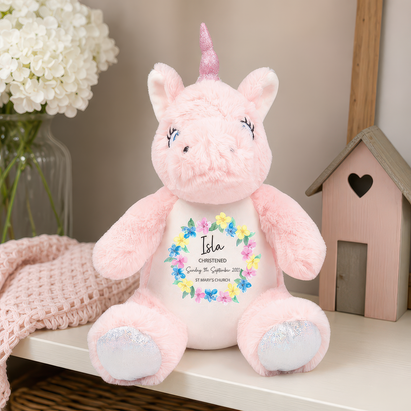 Personalised Unicorn Floral Christening Soft Toy with Name - alternative view