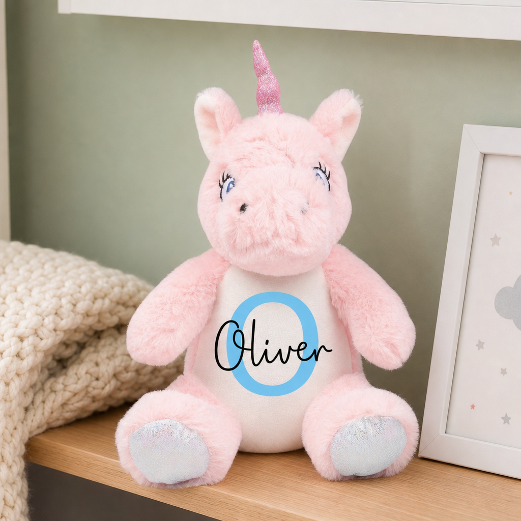 Personalised Blue Unicorn Christening Soft Toy with Name and Initial