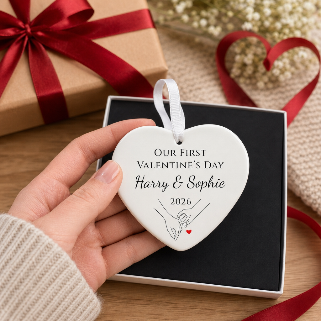 Personalised First Valentine Holding Hands Ornament with Names and Year