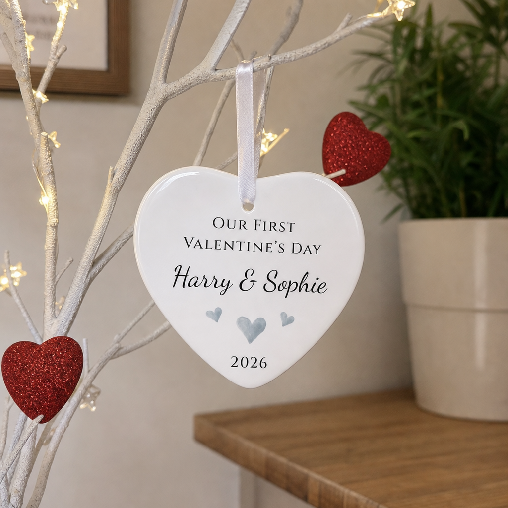 Personalised First Valentine Silver Hearts Ornament with Names and Year