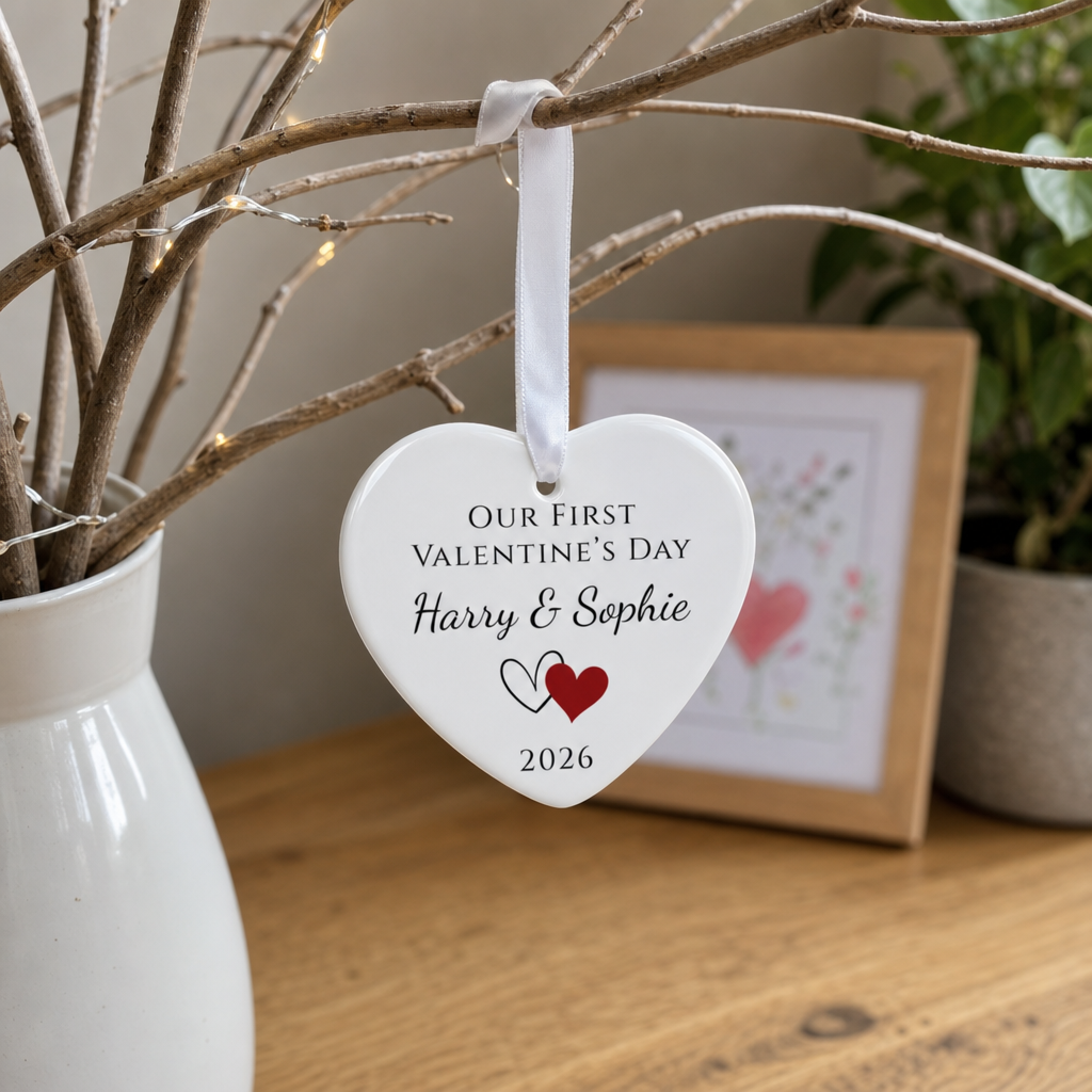 Personalised Our First Valentine's Day Two Hearts Ornament with Names and Year