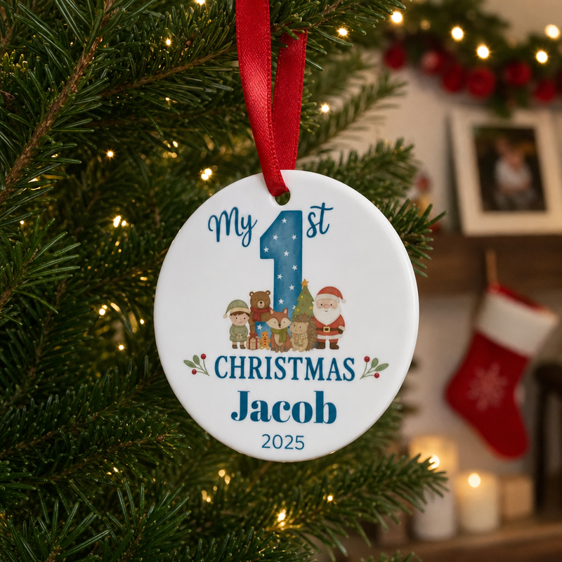 Personalised Baby Boy Woodland Friends First Christmas Bauble