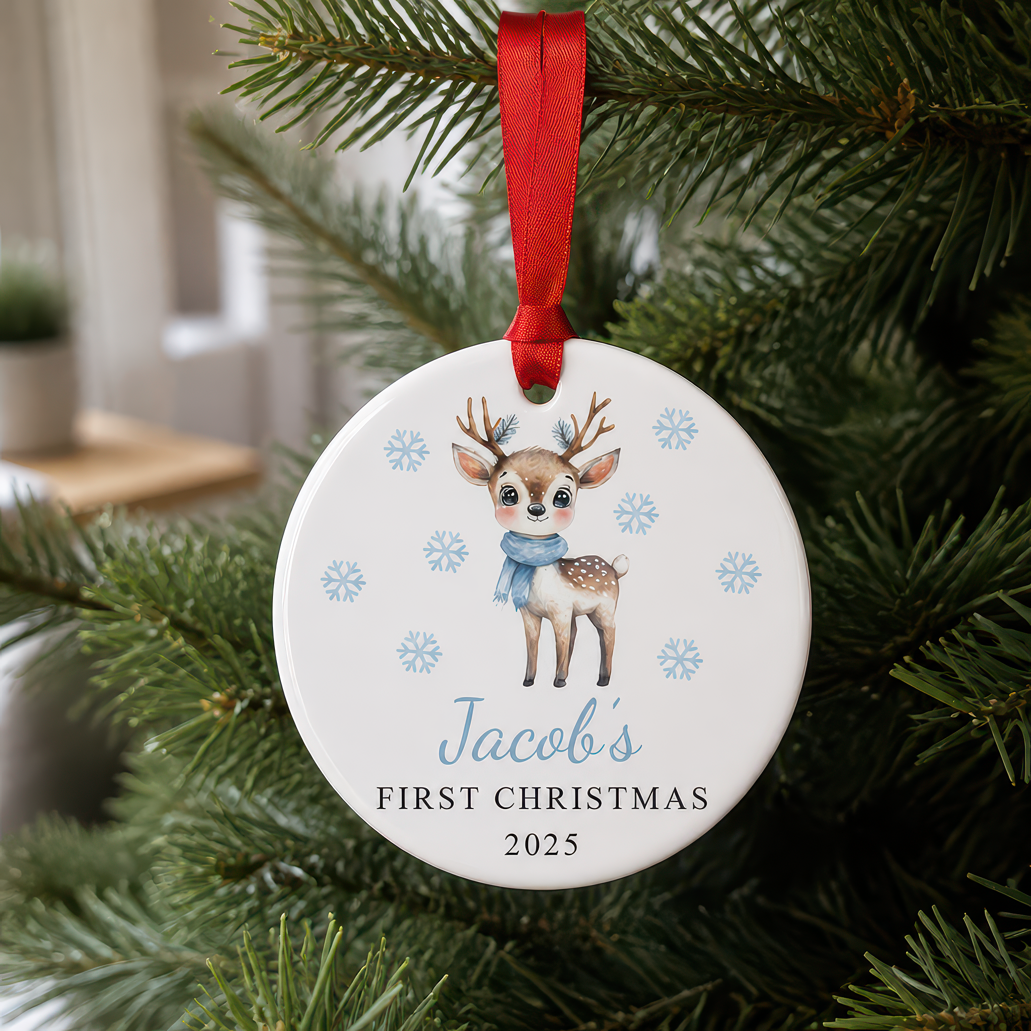 Personalised Blue Reindeer First Christmas Bauble with Box