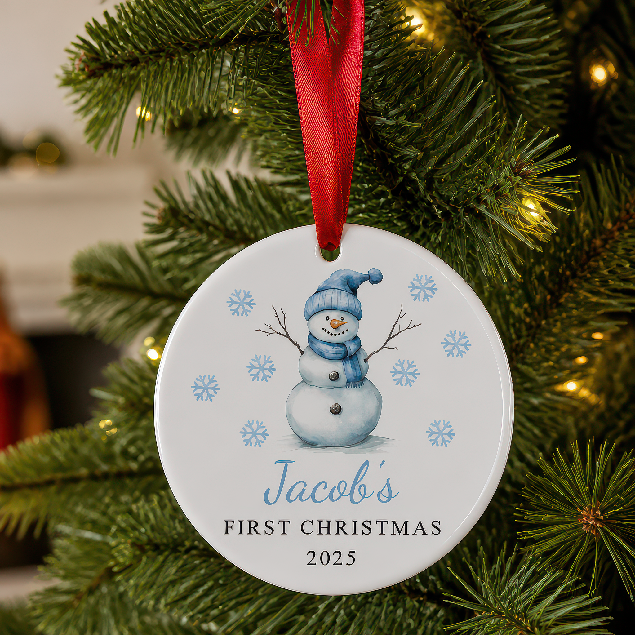 Personalised Blue Snowman First Christmas Bauble with Box