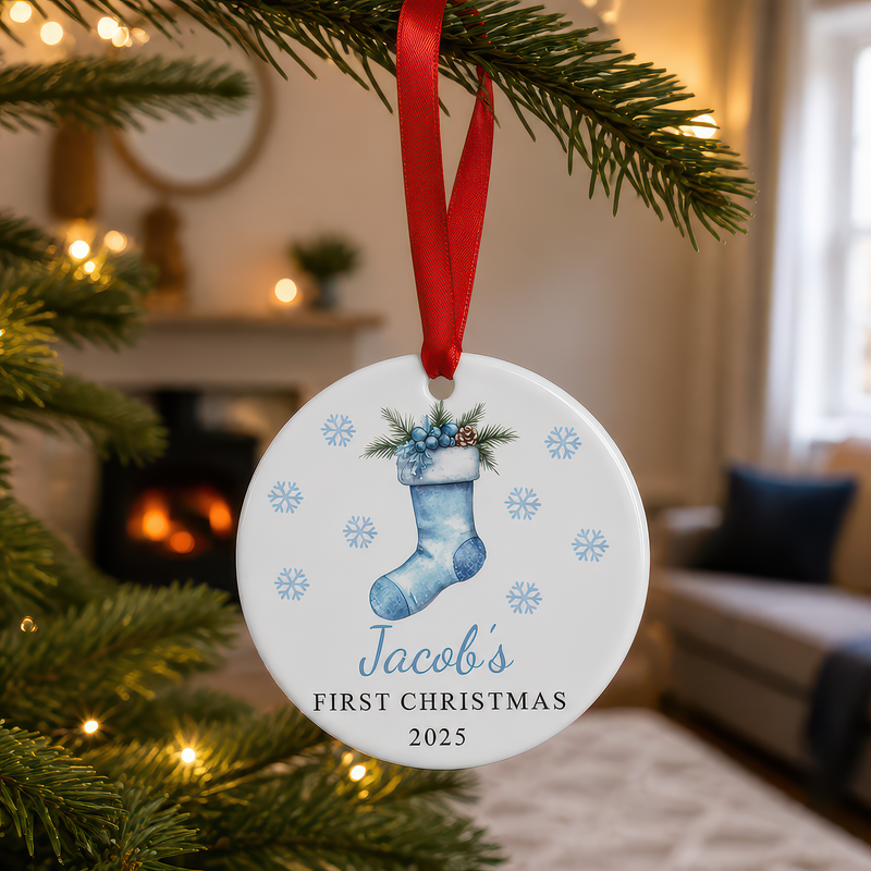 Personalised Blue Stocking First Christmas Bauble with Box