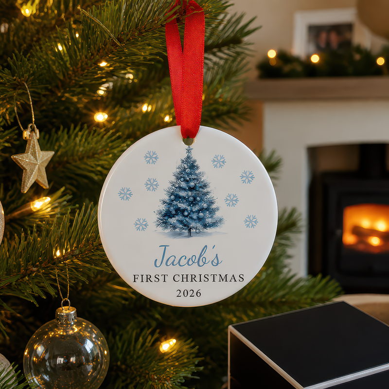 Personalised Blue Christmas Tree First Christmas Bauble with Box
