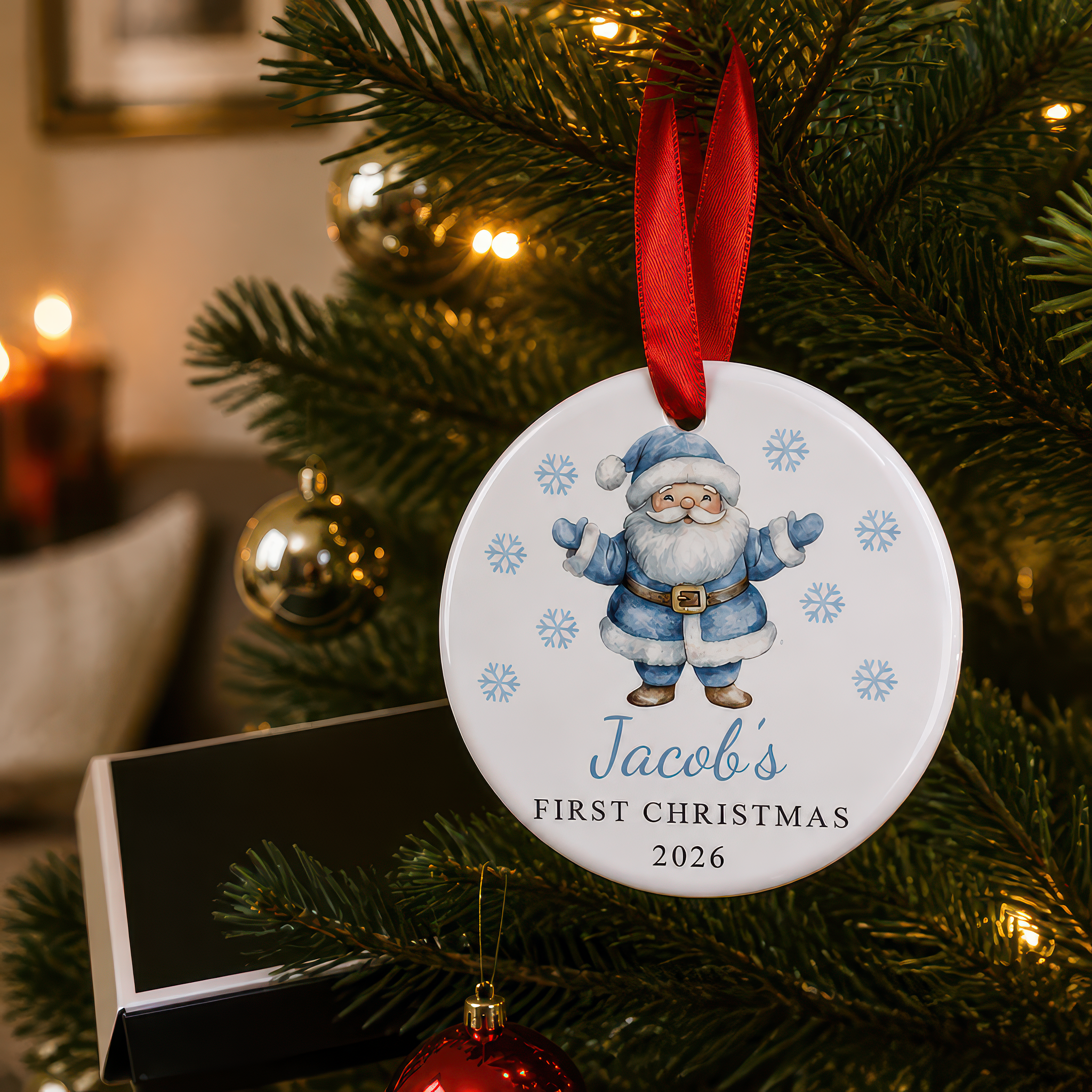 Personalised Classic Blue Santa First Christmas Bauble with Box