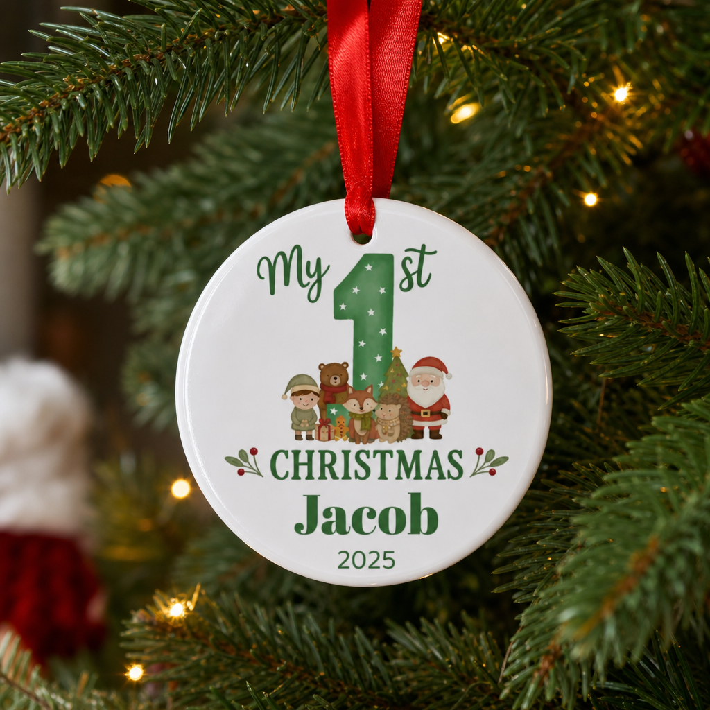 Personalised Green Woodland Animal First Christmas Bauble