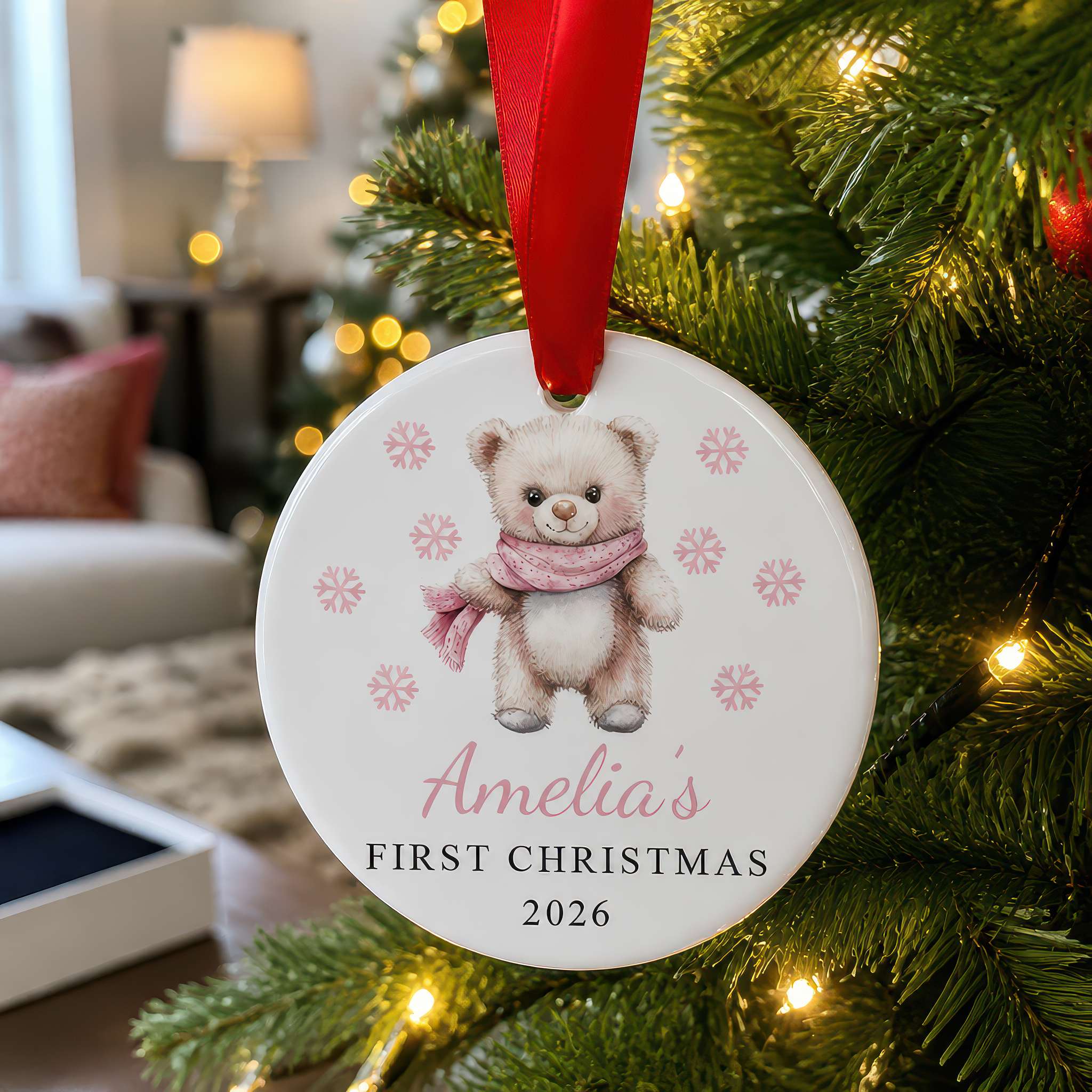 Personalised Pink Teddy First Christmas Bauble with Box